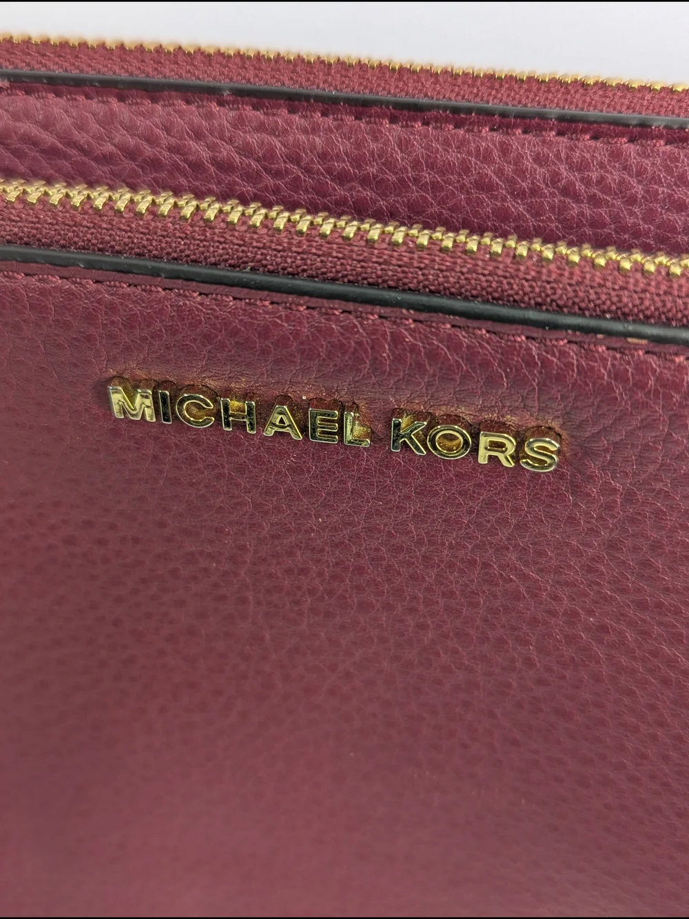 Michael Kors Burgundy Pebbled Leather Crossbody Double Zip Wristlet Clutch Gold